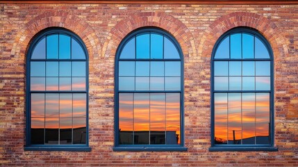 Sunset Reflections in Historic Arched Windows on Brick Wall