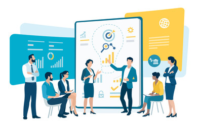 The idea. Presentation of a business project, innovation. Brainstorming. Business vector illustration. 