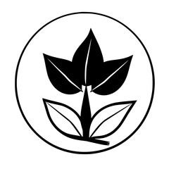 Minimalist Black and White Illustration of a Plant with a Floral Motif in a Circle