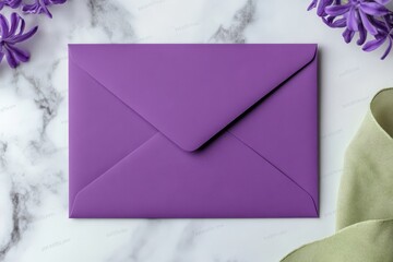 A beautiful arrangement of a lilac envelope and blank card, surrounded by purple hyacinth flowers, a green cloth, a wax-sealed envelope, gold rings, and a ribbon, suitable for wedding or event