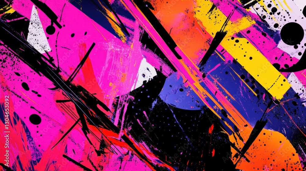 Wall mural pop-art backdrop with chaotic neon graffiti textures and halftone patterns overlapping