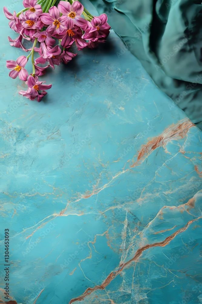 Poster the image showcases a spring flat lay with purple hyacinths and green fabric on a background with a 