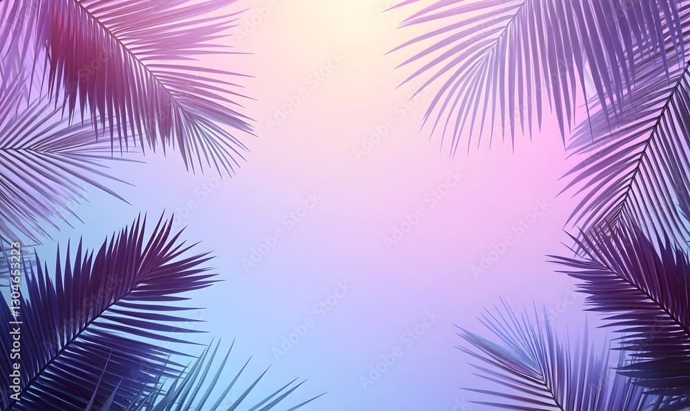 Poster palm tree fronds frame a soft gradient backdrop, evoking a sense of tranquility and tropical vibes. 