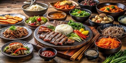 Fototapeta premium Indulge in a stunning Korean BBQ feast: Bulgogi, kimchi, japchae, and more!