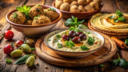 Indulge in a vibrant Middle Eastern mezze: creamy hummus, smoky baba ghanoush, crispy falafel, and warm pita.