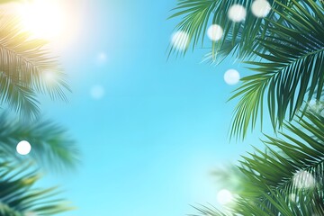 tropical background featuring palm leaves against a bright blue sky, perfect for summer themes