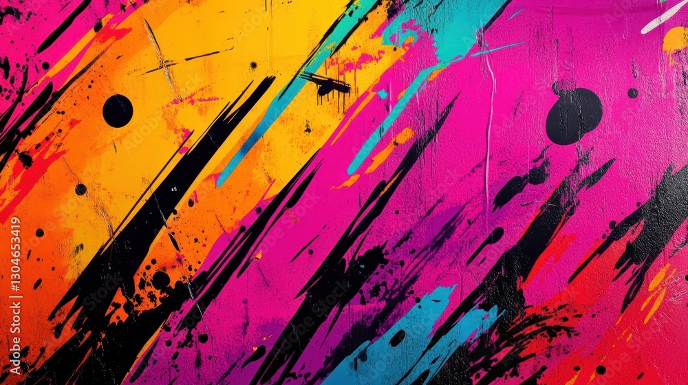 Wall mural graffiti backdrop with neon splashes and halftone patterns creating high-energy movement