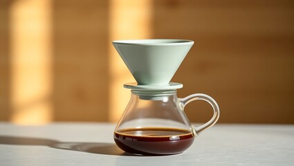 "Soft-Focused Pour Over Coffee Setup with Cone Dripper and Glass Decanter"