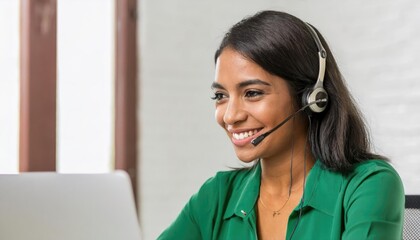 African woman call center agent, wearing a green blouse, smiling brightly while using a headset and laptop for customer service 