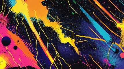 High-energy comic backdrop with halftone dots and neon strokes creating motion