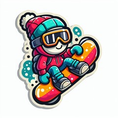 Cute cartoon snowboarder with bright board and goggles, vibrant and playful winter illustration