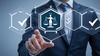 Businessman Touching Digital Justice Icon with Checkmarks