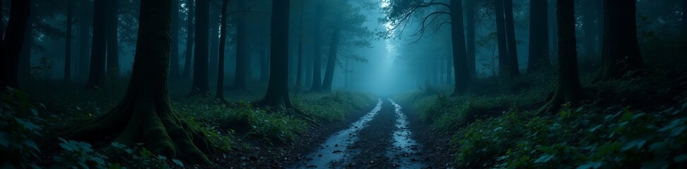Fototapeta premium Dark and spooky pathway in the woods shrouded in shadows, eerie, fantasy