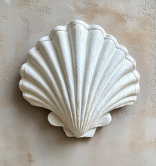 Elegant white plaster cast of a large seashell against a warm beige background, capturing the essence of coastal beauty and artistry in a serene setting
