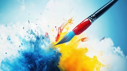 Fototapeta premium Colorful paintbrush creating vibrant splashes in blue and yellow hues against a bright background. Generative AI