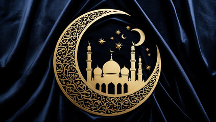 Luxurious Golden Crescent Moon and Mosque Silhouette on Dark Fabric, Islamic Elegance
