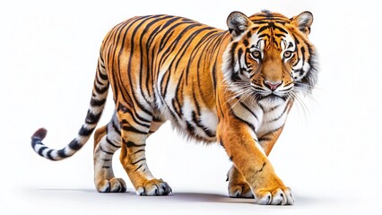 Obraz premium Majestic Tiger Walking on White Background - Powerful Wildlife Stock Photo