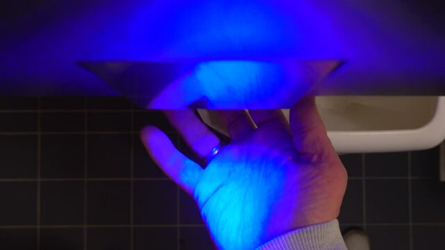 Stockholm, Sweden A man dries his hand under a blue hand dryer in a public bathroom. 