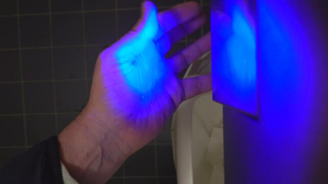 Stockholm, Sweden A man dries his hand under a blue hand dryer in a public bathroom. 