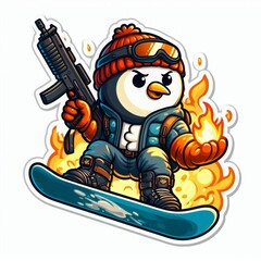 Obraz premium Cartoon penguin snowboarder with goggles, beanie, and flames, adventurous and edgy design