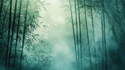 Fototapeta premium Bamboo forest backdrop with moonlit stalks and foggy teal-toned landscape