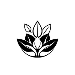 A symmetrical black and white illustration of a lotus flower with three leaves in a simple and stark, stylized design.