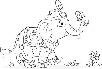 Little elephant with festive decorations walking on grass and playing with small butterfly fluttering around, black and white outline vector cartoon illustration for a coloring book