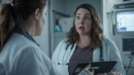 Fototapeta premium Serious doctor discussing patient healthcare concerns with tablet desk woman nurse female clinic