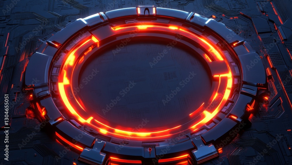 Poster fiery circular interface on tech circuit board