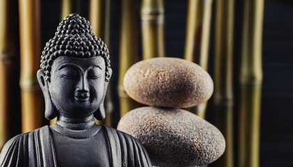 Buddha statue on balanced stones with bamboo background