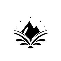 Simple black and white minimalistic logo featuring mountains, a book, and dots.