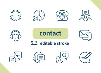 Contact icons. Contact us, social media, message, communication vector icon set