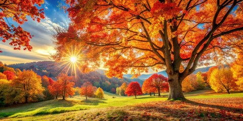 Majestic autumn landscapes: vibrant foliage, sun-drenched pathways, breathtaking scenery in high-resolution photography.