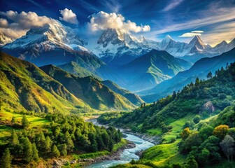 Naklejka premium Majestic Himalayan peaks, serene landscapes, breathtaking viewsâ€”epic photography capturing stunning nature.