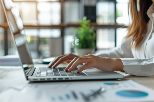 Female hands office manager typing on laptop, closeup of hands on black keyboard. Closeup of businesswoman typing on laptop computer