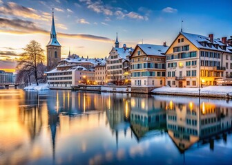 Fototapeta premium Majestic Winter Scene in Zurich, Switzerland: Frozen Lake & Snow-Covered Buildings
