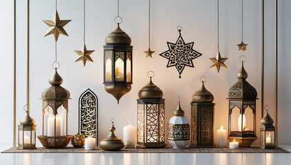 Luxurious Ramadan Lanterns and Hanging Ornaments with Warm Candlelight, Islamic Festive Decor

