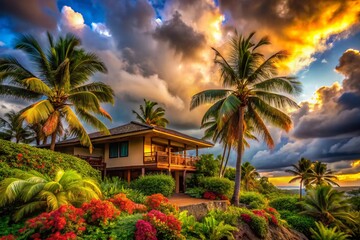 Fototapeta premium Makena Hawaii: Dramatic Cloudscape Over Lush Tropical Plants