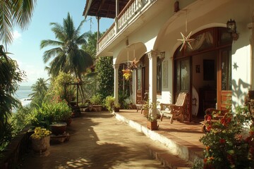 The house, which has two stories, boasts a balcony embellished with hanging ornaments in the shape of Christmas stars