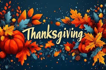 Cornucopia overflowing with colorful autumn fruits and leaf's  with autumn background. Happy Thanksgiving