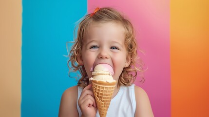 A young girl with curly hair laughs while eating an ice cream cone.