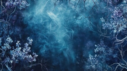 Obraz premium Magical woodland wallpaper with glowing plants and swirling mist around oversized trees