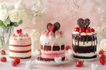 A delightful assortment of three heart-themed cakes, beautifully arranged on a soft pink background