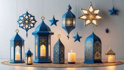 Elegant Blue and Gold Ramadan Lanterns with Hanging Stars and Candlelight, Islamic Festive Decor
