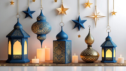 Elegant Blue and Gold Ramadan Lanterns with Hanging Stars and Candlelight, Islamic Festive Decor
