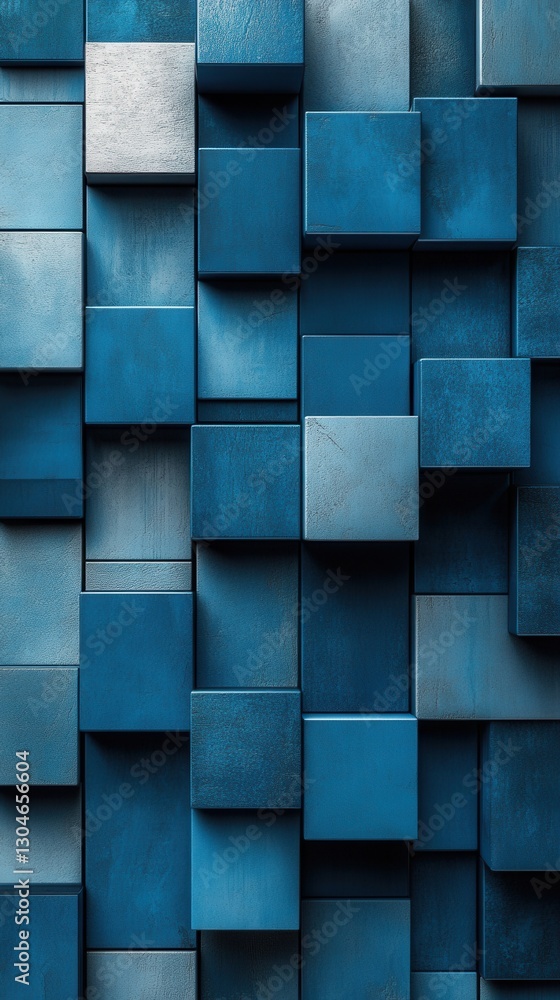Aufkleber abstract arrangement of textured blue and gray wooden cubes creating a geometric dimensional pattern