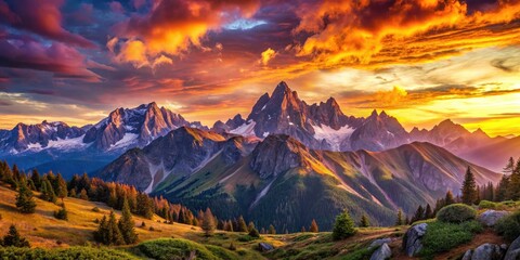 Majestic mountain sunrise: golden hour paints an epic, breathtaking panoramic landscape.