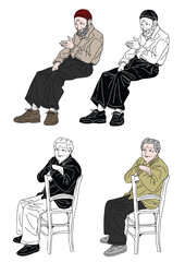 Elderly Men Sitting: Four illustrations of elderly men seated, each in unique attire and posture, offering diverse representations of age and style.  The illustrations are in a clean.