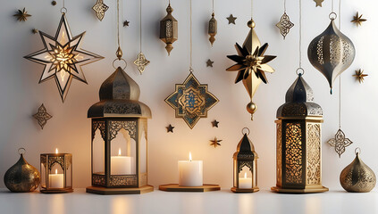 Luxurious Ramadan Lanterns and Hanging Ornaments with Warm Candlelight, Islamic Festive Decor
