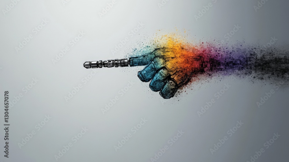 Poster artistic representation of a robot hand releasing colorful particles